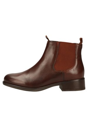Brauner Leder-Chelsea-Stiefel bis zum Knöchel mit elastischem Seitenpaneel, Zuglaschen, niedrigem gestapeltem Absatz und rund zulaufender Spitze auf weißem Hintergrund.