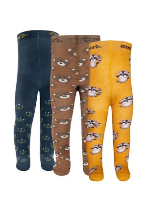 Three pairs of children's tights in navy with green frogs, brown with white bear faces, and yellow with gray raccoon faces.