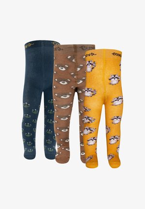 Three pairs of children's tights in navy with green frogs, brown with white bear faces, and yellow with gray raccoon faces.