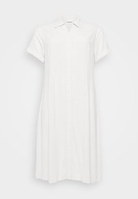 White linen shirt dress with a collar, short rolled sleeves, and front button closure. Features a relaxed fit and knee-length hem.