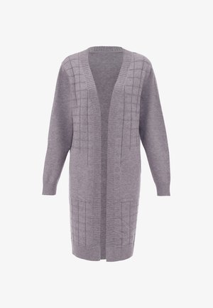 Szürke kötött kardigán V-alakú nyakkivágással, nyitott elülső résszel, hosszú ujjakkal, bordázott mandzsettával és steppelt mintával az elején. Puha tapintású.