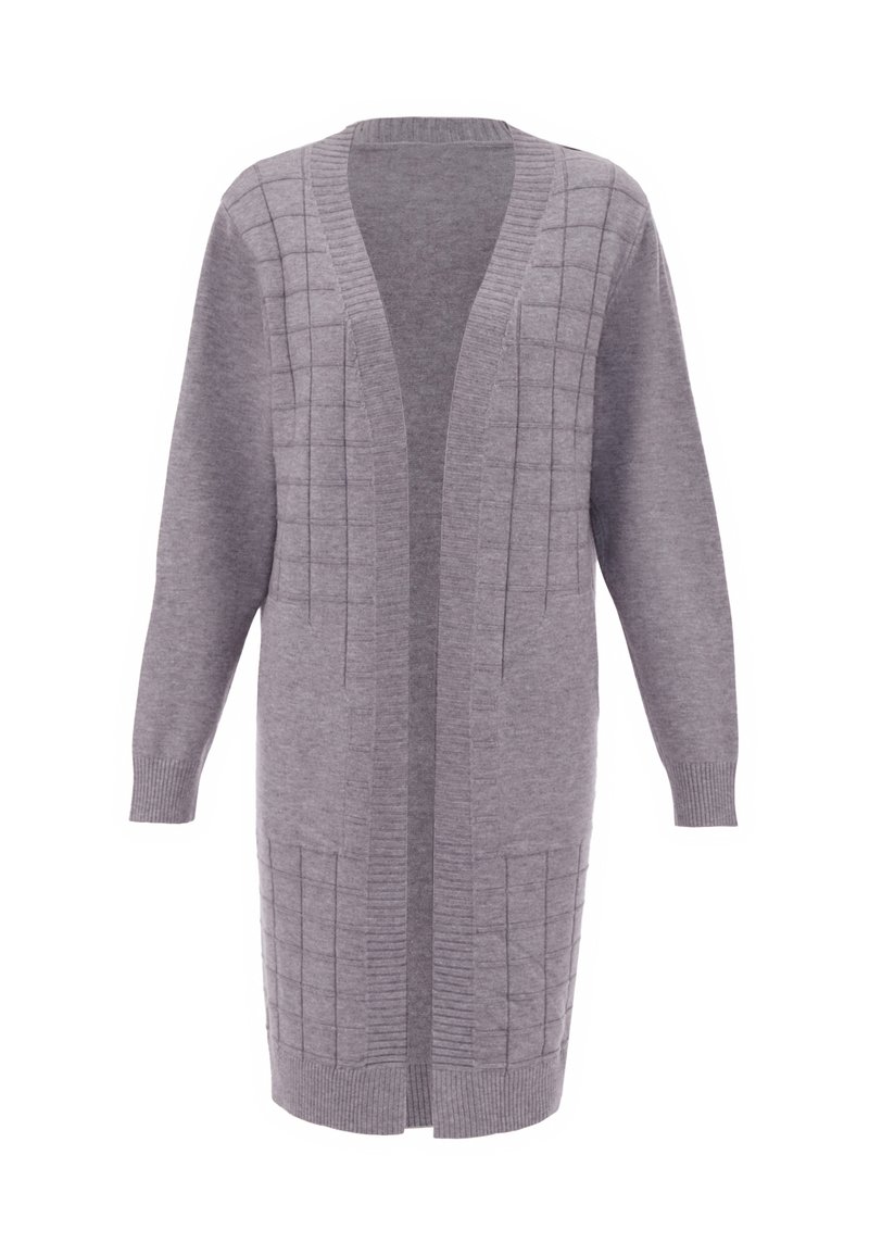 Grijze gebreide cardigan met een V-hals, open voorkant, lange mouwen, ribgebreide manchetten en een gewatteerd patroon aan de voorkant. Zachte textuur.