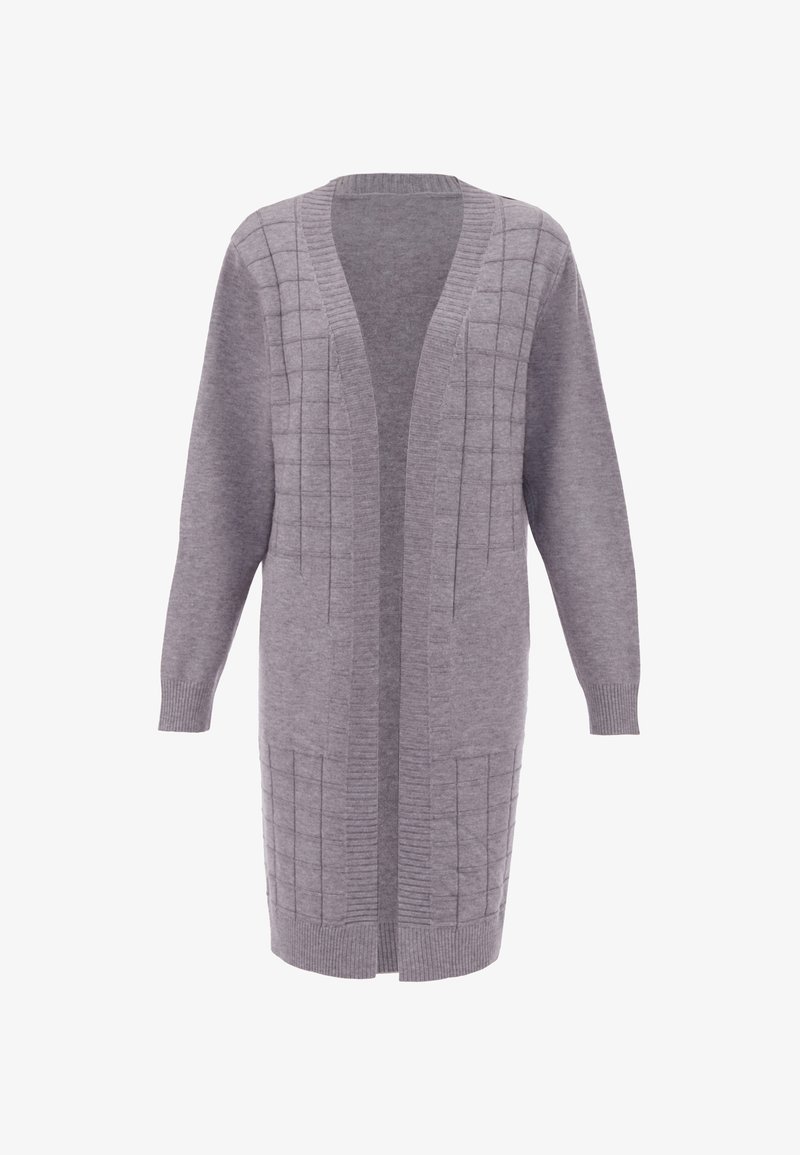 Szürke kötött kardigán V-alakú nyakkivágással, nyitott elülső résszel, hosszú ujjakkal, bordázott mandzsettával és steppelt mintával az elején. Puha tapintású.