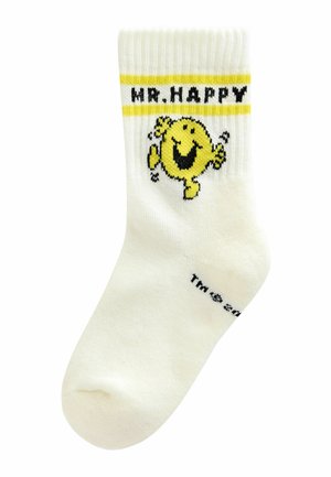 Weißer Baumwollsocken mit geripptem Bund, versehen mit dem Text "MR. HAPPY" und einem gelben lächelnden Gesichtsgrafik. Akzente umfassen eine schwarze Umrandung und Details.