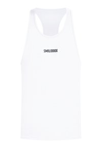 Weißes Tanktop aus weichem Stoff mit rundem Halsausschnitt und Racerback-Design. Schwarzes "SMILODOX"-Logo auf der Vorderseite gedruckt.