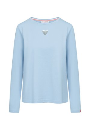 Hemelsblauw langemouwen shirt van zachte katoen. Voorzien van een zilveren hartversiering op de borst. Ronde halslijn met een gestreepte binnenkraag.