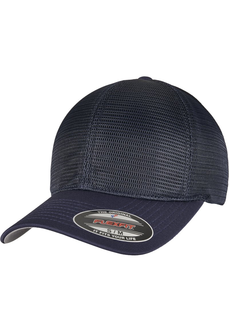 Cappellino da baseball blu navy con un design in mesh traspirante, visiera curva e marchio Flexfit. Presenta un tessuto liscio e dettagli di accento sottili.