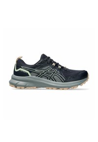 Zapatillas para correr por senderos con una parte superior de malla azul marino oscuro, acentos plateados y una suela gris texturizada. Presentan un diseño de cordones y una mediasuela acolchada.