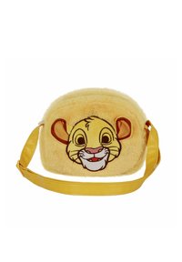 Sac bandoulière en peluche jaune présentant un visage de lion de dessin animé, avec des détails brodés et une sangle jaune lisse. Texture douce et forme arrondie.