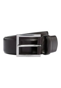 Black leather belt with a square silver buckle, featuring a smooth texture and subtle branding on the buckle.