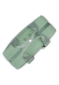 Mentazöld táska sima textúrával, két textil fogantyúval és cipzáros záródással. Ssnap gombbal és két rögzítő hurokkal rendelkezik.