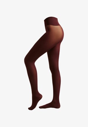Collants bordeaux avec un panneau supérieur transparent, texture lisse et design taille haute. Tissu élastique qui épouse la forme des jambes.