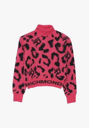Maglione corto rosa con stampa leopardata nera, colletto alto a coste e dettagli testuali "RICHMOND" all'orlo.
