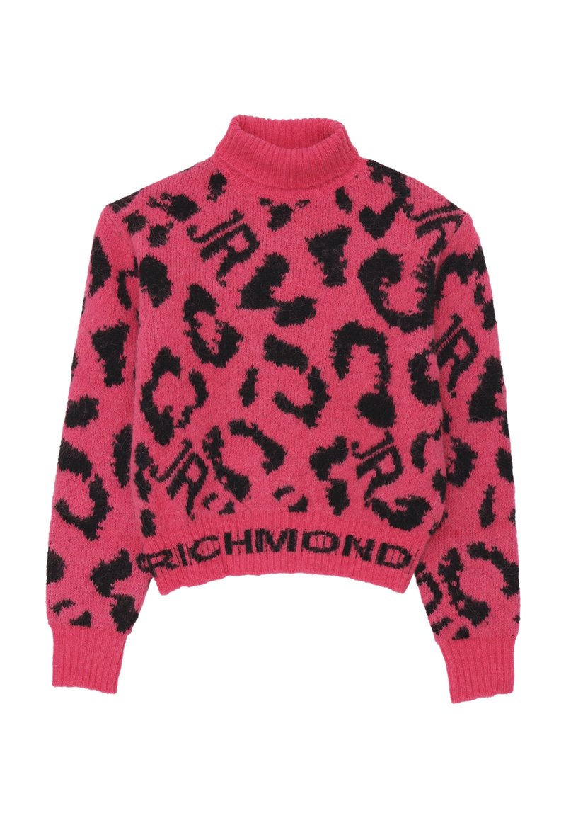 Maglione corto rosa con stampa leopardata nera, colletto alto a coste e dettagli testuali "RICHMOND" all'orlo.