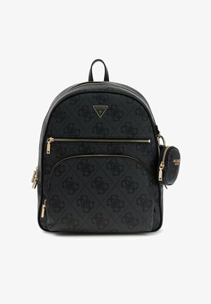 Sac à dos noir Guess avec imprimé logo intégral, fermetures éclair ton or, poche avant et petite pochette ronde détachable sur le côté.