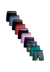 Nine pairs of boxers in various colors, including black, blue, red, pink, navy, and a multi-colored floral design. All feature a branded waistband.