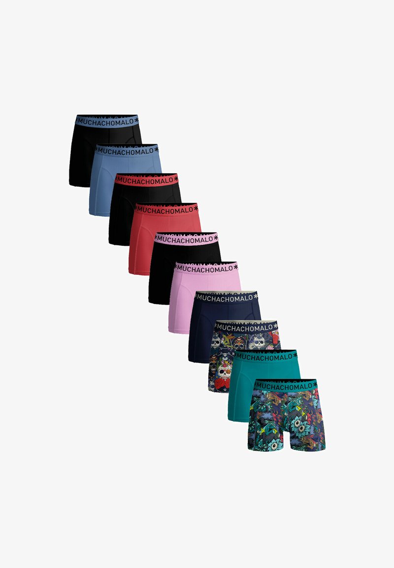 Nine pairs of boxers in various colors, including black, blue, red, pink, navy, and a multi-colored floral design. All feature a branded waistband.