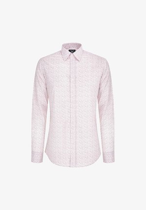 Koszula z długim rękawem w jasnoróżowym kolorze z wzorzystą teksturą, z kołnierzykiem zapinanym na guziki i prostym dołem.