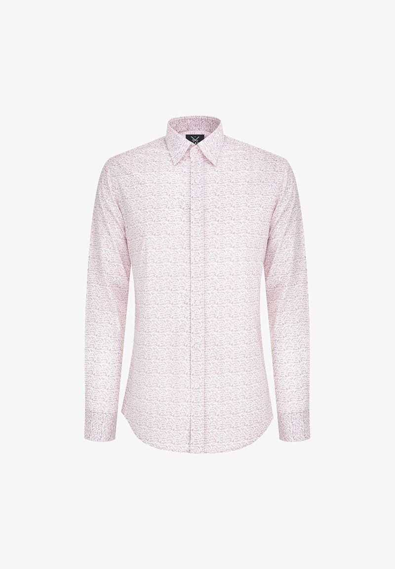 Koszula z długim rękawem w jasnoróżowym kolorze z wzorzystą teksturą, z kołnierzykiem zapinanym na guziki i prostym dołem.
