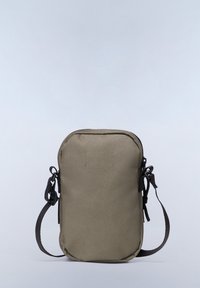 Crossbody bag made of durable olive-green fabric with a smooth texture, zip closure, and adjustable dark strap. Compact rectangular design.