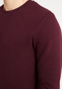 Primo piano di una persona che indossa un maglione color marrone scuro con un motivo a chevron testurizzato e un collo rotondo.