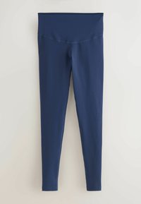 Mørkeblå leggings lavet af strækbart materiale med en bred, glat talje og en tætsiddende pasform. Ingen mønstre eller bemærkelsesværdige detaljer.