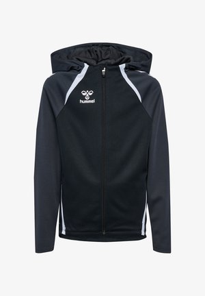 Sort hættetrøje med fuld lynlås og lange ærmer, hvide stribedetaljer på skuldrene og hvidt Hummel-logo på venstre bryst.
