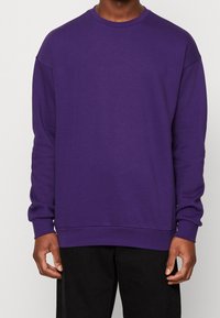 Sweatshirt viola con maniche lunghe, scollatura rotonda e polsini a coste. Presenta una vestibilità comoda e una texture liscia.