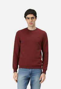 Felpa bordeaux con scollo rotondo e maniche lunghe, polsini e orlo a costine. Presenta un piccolo logo nella parte superiore sinistra del petto. Tessuto morbido.