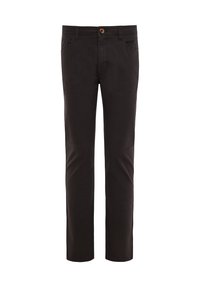 Zwarte katoen broek met een rechte poot ontwerp, voorzakken en een bruine knoopdetail bij de tailleband. Soepele textuur.