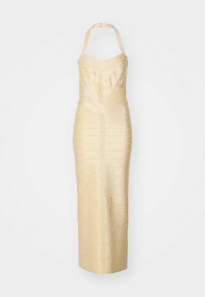 Halter-neck evening dress in textured gold fabric, featuring a fitted silhouette, defined waist seam, and vertical stripe pattern.