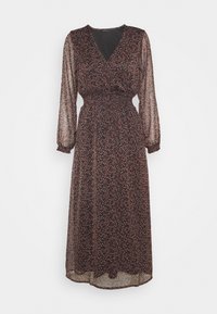 Langes, dunkles Blumenkleid mit V-Ausschnitt, elastischem Bund und durchsichtigen langen Ärmeln. Es hat kleine, verstreute Blumenmuster in verschiedenen Farben.