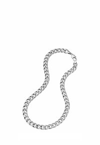 Collana in metallo argento con maglie intrecciate, finitura lucida e chiusura sicura. La forma è allungata e fluida.