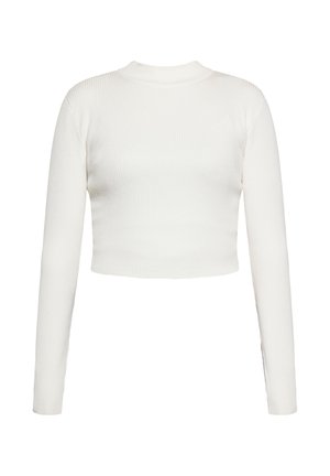 Witte, geribbelde cropped top met lange mouwen en een ronde halslijn. Zachte textuur en aansluitende vorm, met minimale stikdetails.