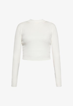 Valkoinen, ribattu pitkähihainen crop-top, jossa on pyöreä kaula-aukko. Pehmeä rakenne ja sopiva muoto, jossa on vähäisiä ompeluyksityiskohtia.