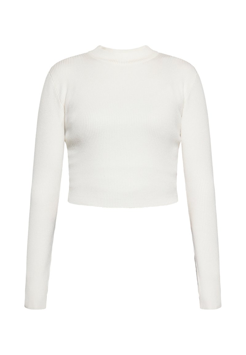 Weißes, geripptes langärmeliges Cropped-Top mit rundem Halsauschnitt. Weicher Stoff und taillierte Form, mit minimalen Nähten.