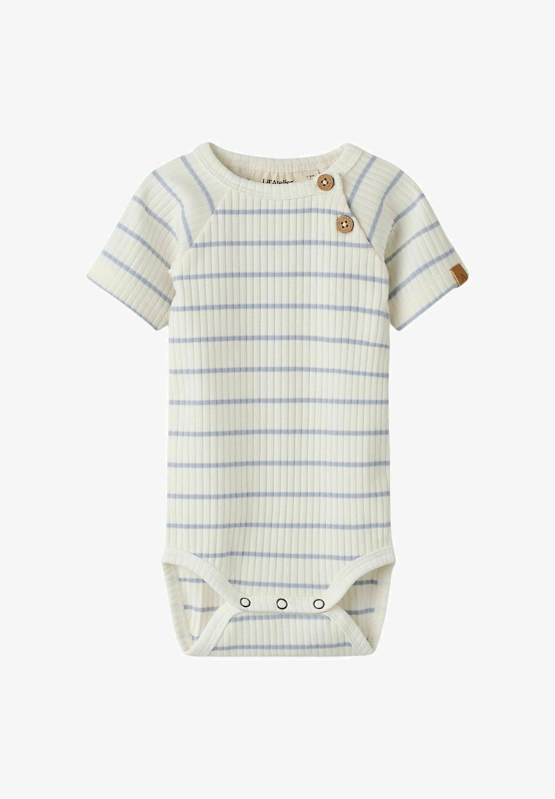 Body bébé crème à côtes avec des rayures horizontales bleu clair, manches courtes, deux boutons en bois près du col et des fermetures à pression au bas.