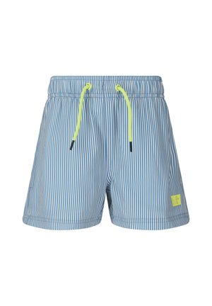 Blaue und weiße, vertikal gestreifte Badeshorts mit neongelbem Kordelzug und kleinem gelbem Aufnäher am linken Bein.