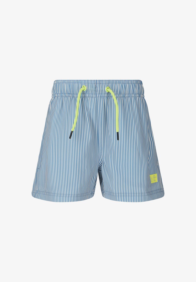 Shorts de bain à rayures verticales bleues et blanches avec cordon de serrage jaune néon et petite étiquette jaune sur la jambe gauche.