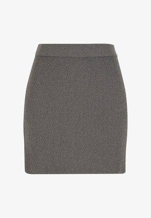 Gray ribbed knit skirt with a fitted silhouette and waistband, displayed against a plain white background.
