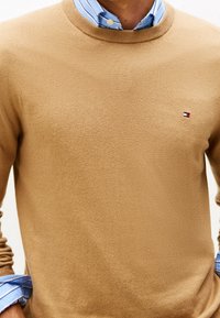 Homme portant un pull ras du cou beige sur une chemise à rayures bleues et blanches, mains partiellement dans les poches, petit logo sur la poitrine gauche.