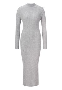 Long-sleeve, ribbed gray dress with a high neckline, fitted silhouette, and mid-calf length. Made from a soft, textured knit fabric.