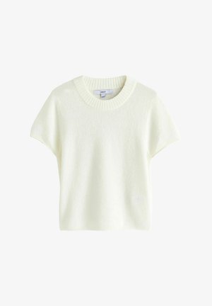 Lühikeste varrukatega ümara kaelusega kampsun pehmest kreemikast lõngast. Omaduseks on tekstureeritud viimistlus ja sooniline kaelus, mis lisab detaili.