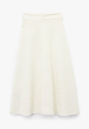 Gonna bianca con un design floreale testurizzato, lunghezza al ginocchio, forma a trapezio, dotata di una cerniera posteriore e un cinturino liscio.