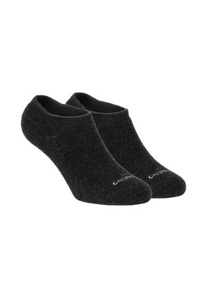 Coppia di calzini neri alla caviglia a taglio basso con tessuto leggermente testurizzato e piccolo testo bianco nell'area delle dita.