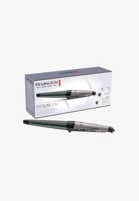 Svart og sølv krølltang med en avsmalnet keramisk sylinder, har digitale kontroller og et ergonomisk håndtak, pakket i en lys grå eske.