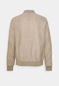 Chaqueta bomber de ante beige con cuello y puños acanalados. Presenta una textura suave y un diseño simple y limpio, sin herrajes visibles.