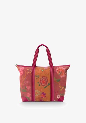 Large tote bag with pink handles, floral patterns in shades of red, orange, and green, and a zip closure on top.