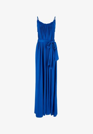 Kék maxi ruha spagetti pántokkal, ráncolt dekoltázzsal és megkötős derékpánttal. Simább anyagból készült, ami légies sziluettet kölcsönöz.