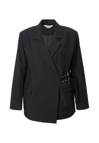 Černý blazer s dvouřadým designem, velkými klopami, bočními kapsami a dekoračními přezkami na pase pro nastavitelné nošení.